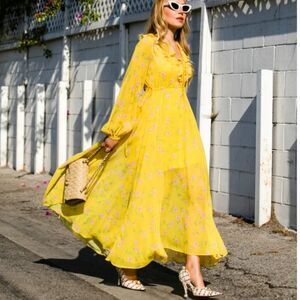 TOPSHOP Margot Yellow Floral Maxi Dress with Ruffles Size 2